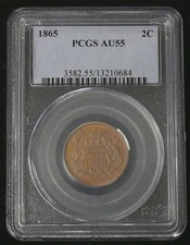 1865 AU-55 TWO CENT PIECE - PCGS GRADED - NICE COIN, SEE PICTURES