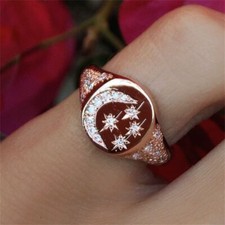 Fashion Women Simple Rose Gold Star and Moon Crystal Dimond Jewelry Ring Gift