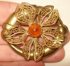 Vintage Gold Tone Metal Filigree Flower Oval Amber Costume Jewelry Brooch Pin