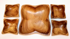 VTG MCM Acacia Wood Salad Serving Set Square Bowls Flower Shape Monkey Pod 5 Pc
