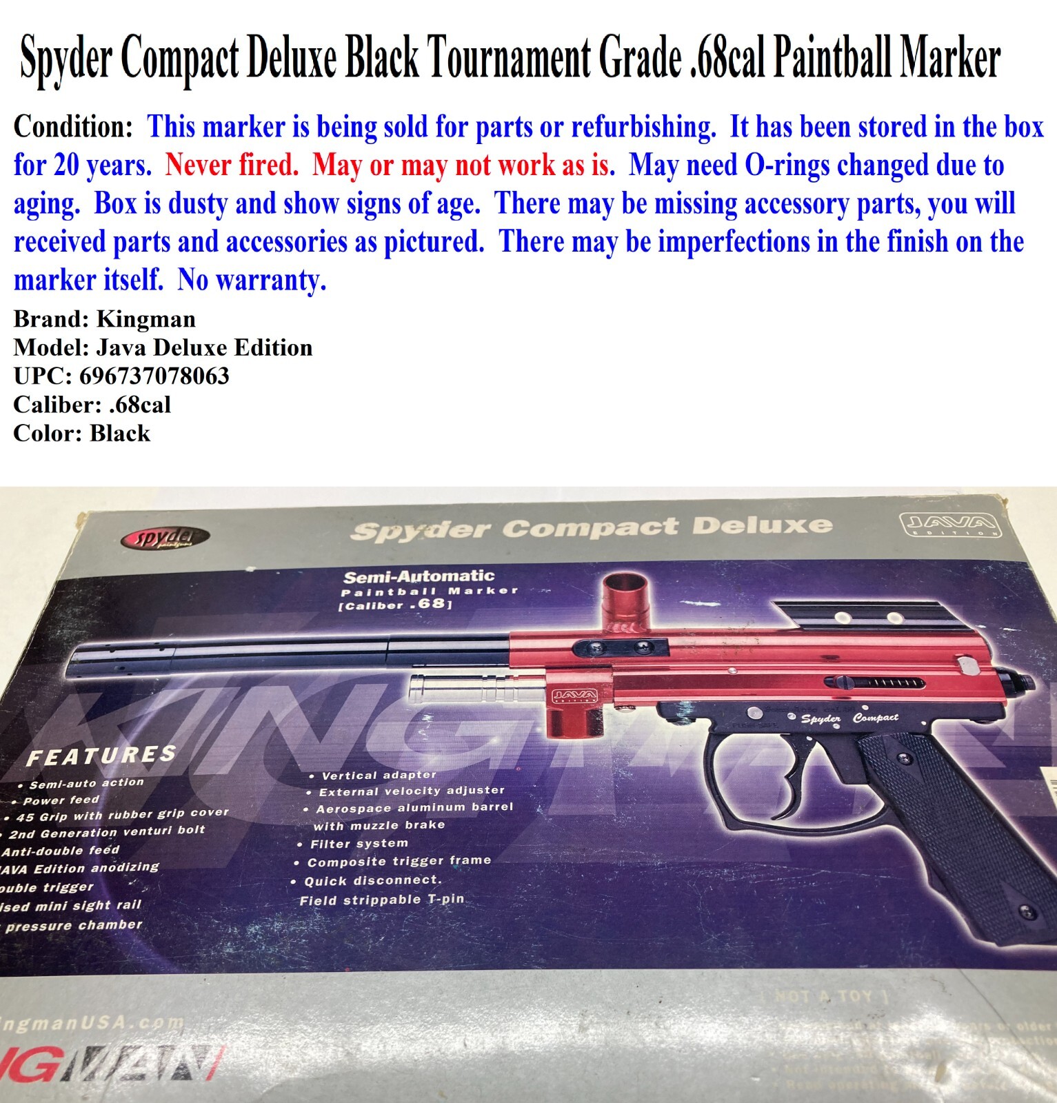 Spyder Tournament Grade .68cal Paintball Marker (Sold for Pa