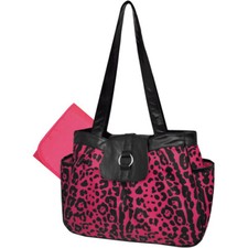 Tender Kisses Pink Black Leopard Cheetah Print Baby Diaper Bag Tote w/ Changer