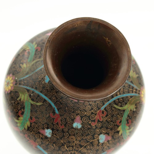 Antique Chinese Cloisonné Vases Pair Floral Decorations on Black Background - Picture 15 of 24