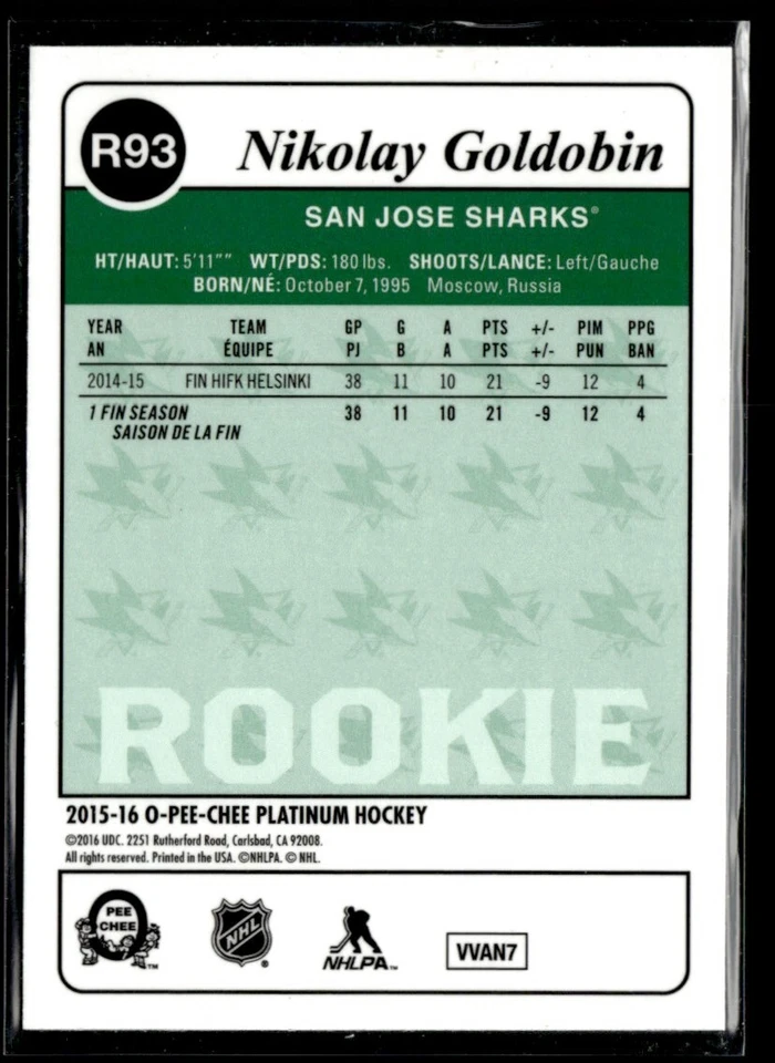 2015-16 O-Pee-Chee Platinum Retro Nikolay Goldobin #R93 H5R3J - Image 2 of 2