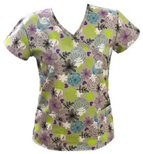 Womens Fashion Medical Nursing Scrub Tops Lined Floral Steel Gray XS
