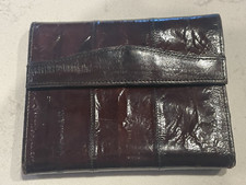 Eel Skin Leather Bi-Fold Wallet Chocolate Brown Snap Closure