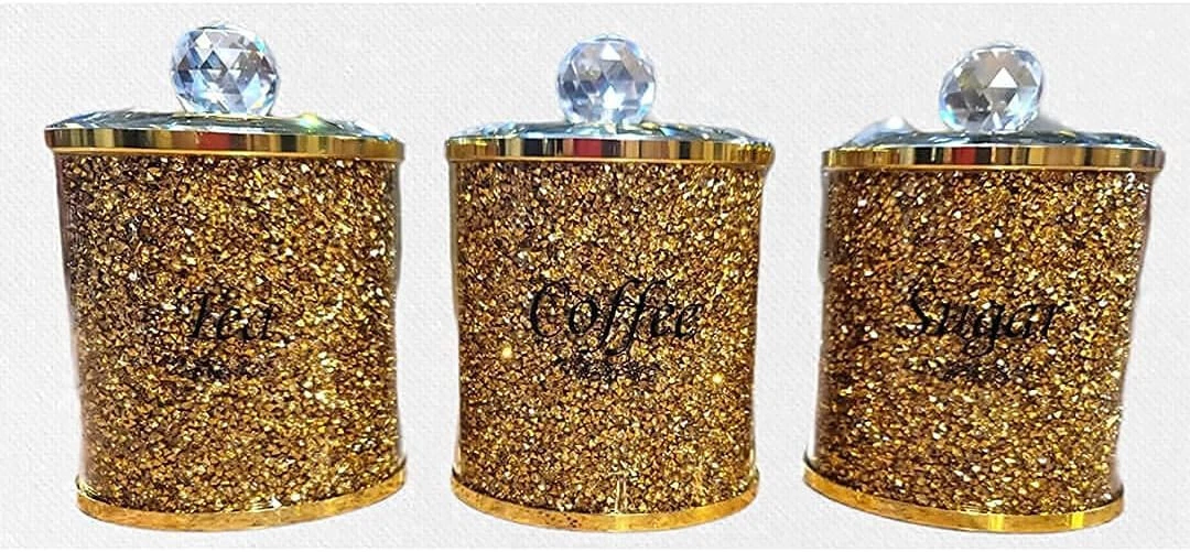 Gold Canister Tea Coffee Sugar Set Jar Crushed Diamond Bling Gift