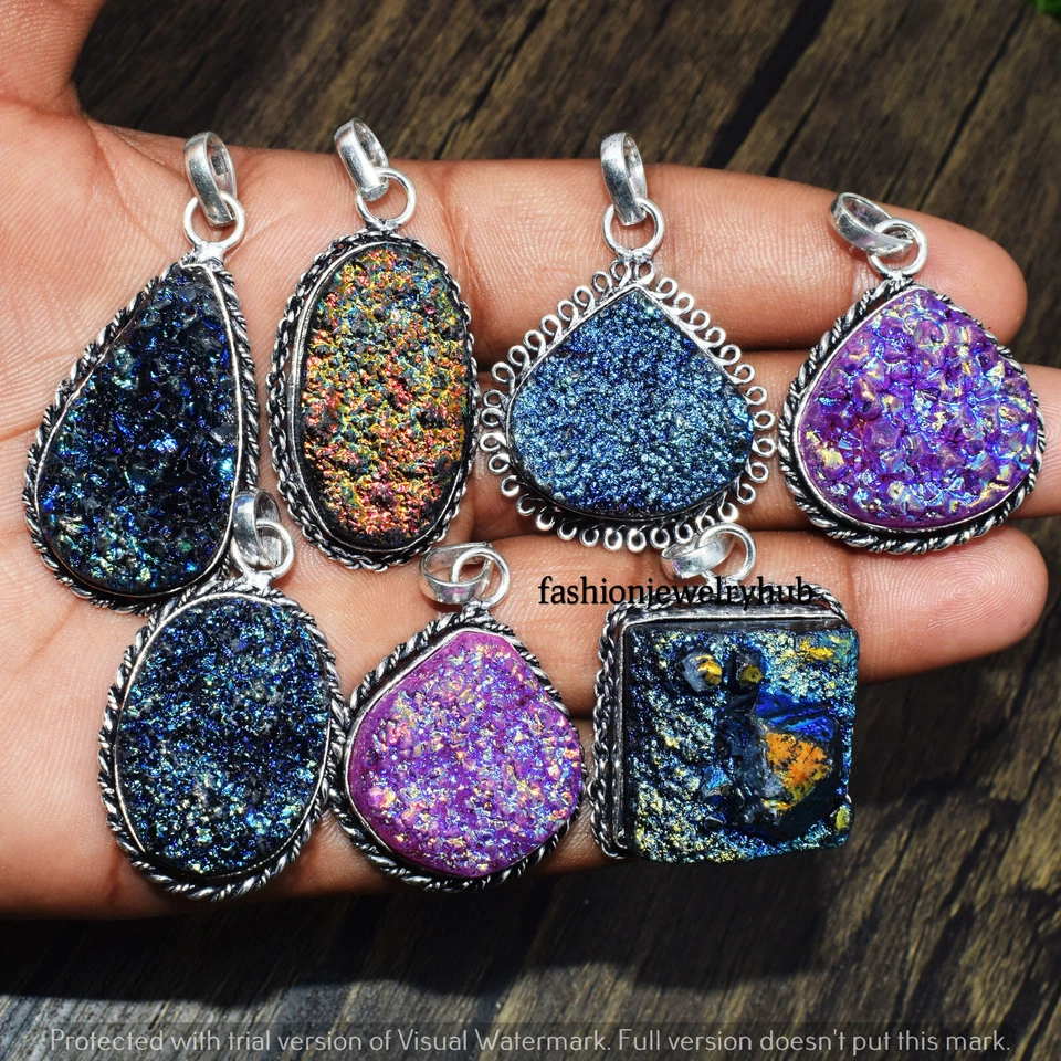 Colgante de piedras preciosas druzy de titanio lote al por mayor de 5 joyas enchapadas en plata 925 Foto 2 de 4