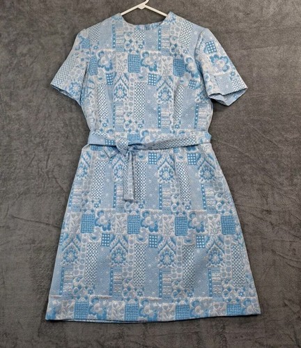 Vtg Jacquard Dress Womens Medium Blue Silver Floral 60s 70s Tie Polyester Damask - Picture 2 of 10