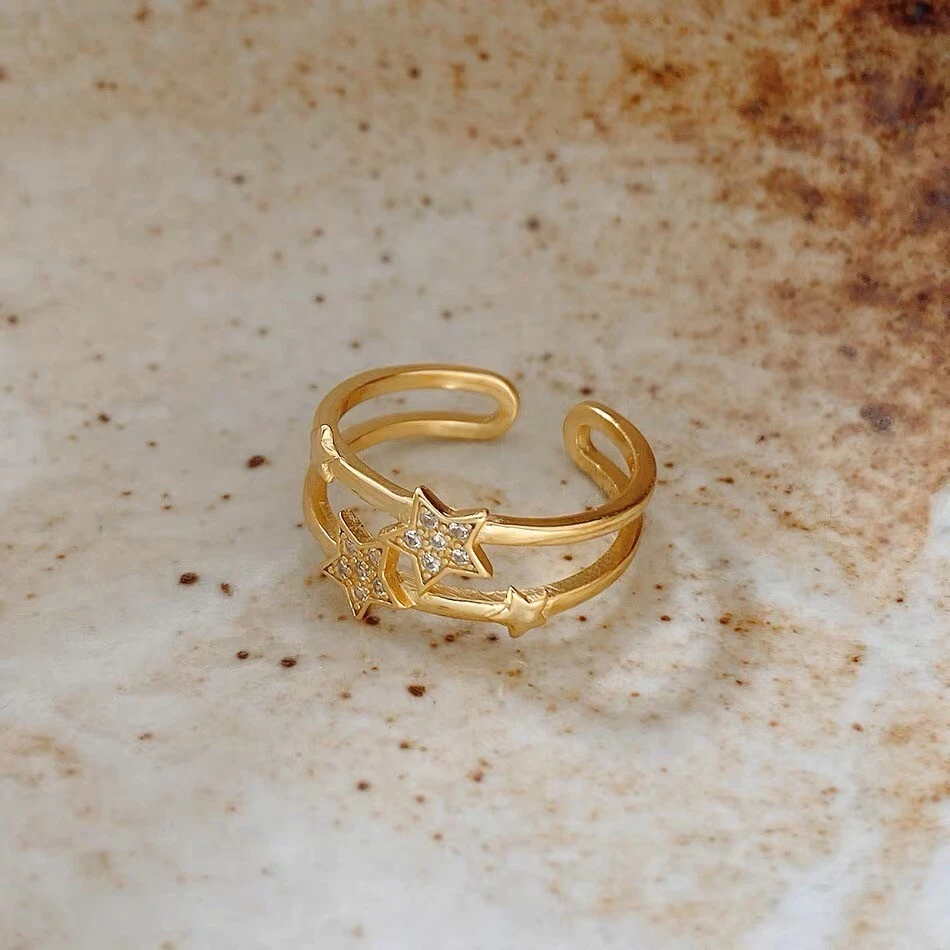 925 Silver gold Starts Design Adjustable Size Ring for index finger for women