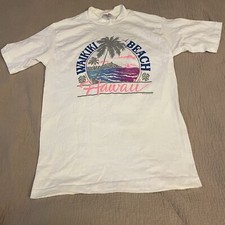Vtg 80s 90s Waikiki Beach Hawaii T Shirt Palm Trees Puffy Neon SS Size Large