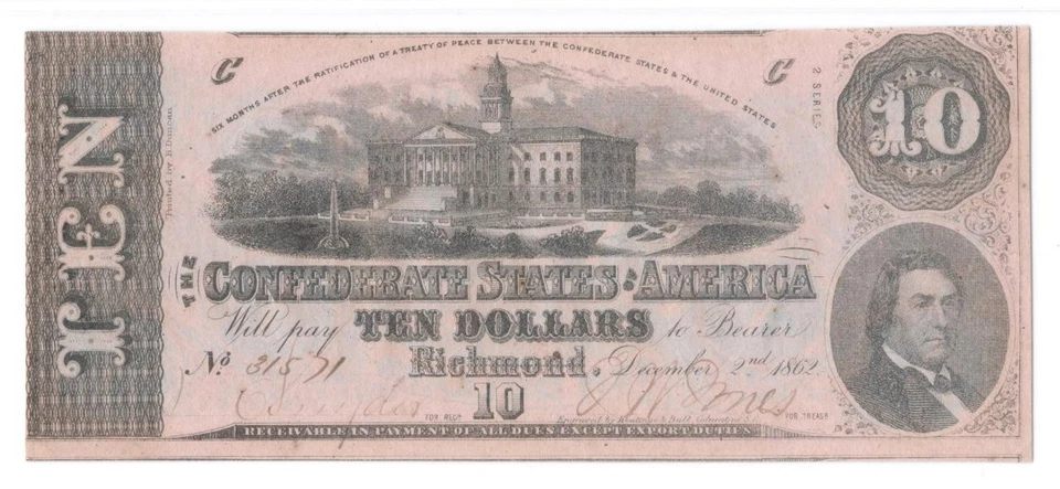 T-52 1862 $10 Confederate PF-3 PMG UNC 62 EPQ High Grade Civil War Paper Money - Image 2 of 4
