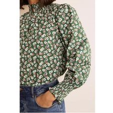 Boden Ellie Green Floral Smocked Mock Neck Long Sleeve Floral Blouse US size 10