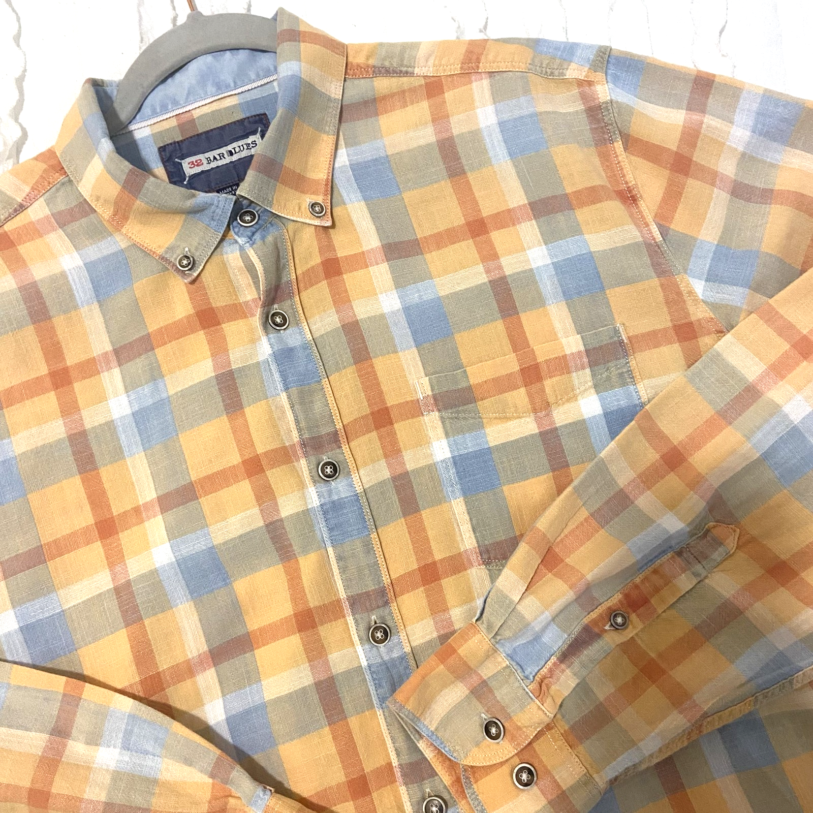 32 Bar Blues Mens Plaid Button‑Down Shirt Orange Blue Yellow 100% Cotton Size XL