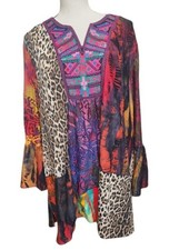 Calessa Patchwork Velvet Burnout Embroidered Boho Hippie Top Size 2X Bell Sleeve