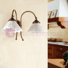 VOLTERRA Applique Doppia Luce Ottone e Ceramica Stile Rustico