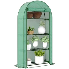 4 Tier Mini Greenhouse, Portable Greenhouse with Roll-Up Door, Green
