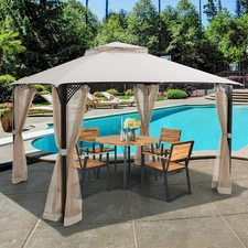 12' X 10' Outdoor Patio Gazebo Canopy Shelter Double Top Sidewalls Netting Beige