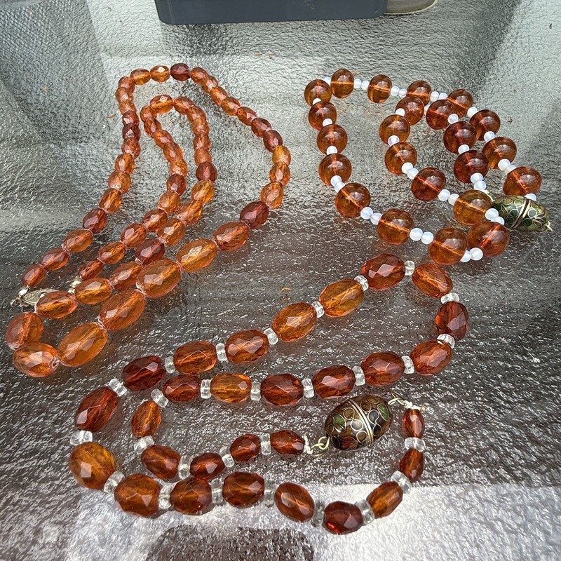 Three Old Vintage Cherry Round faceted Amber Ethnic Tribal Bead Necklace 110 Grm