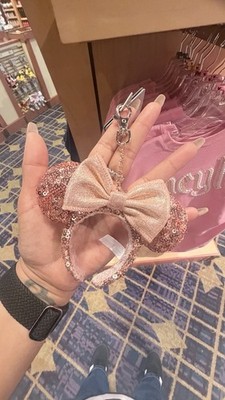 NEW 2026 DISNEY PARKS MINI MINNIE MOUSE ROSEGOLD SEQUINS HEADBAND EARS KEYCHAIN