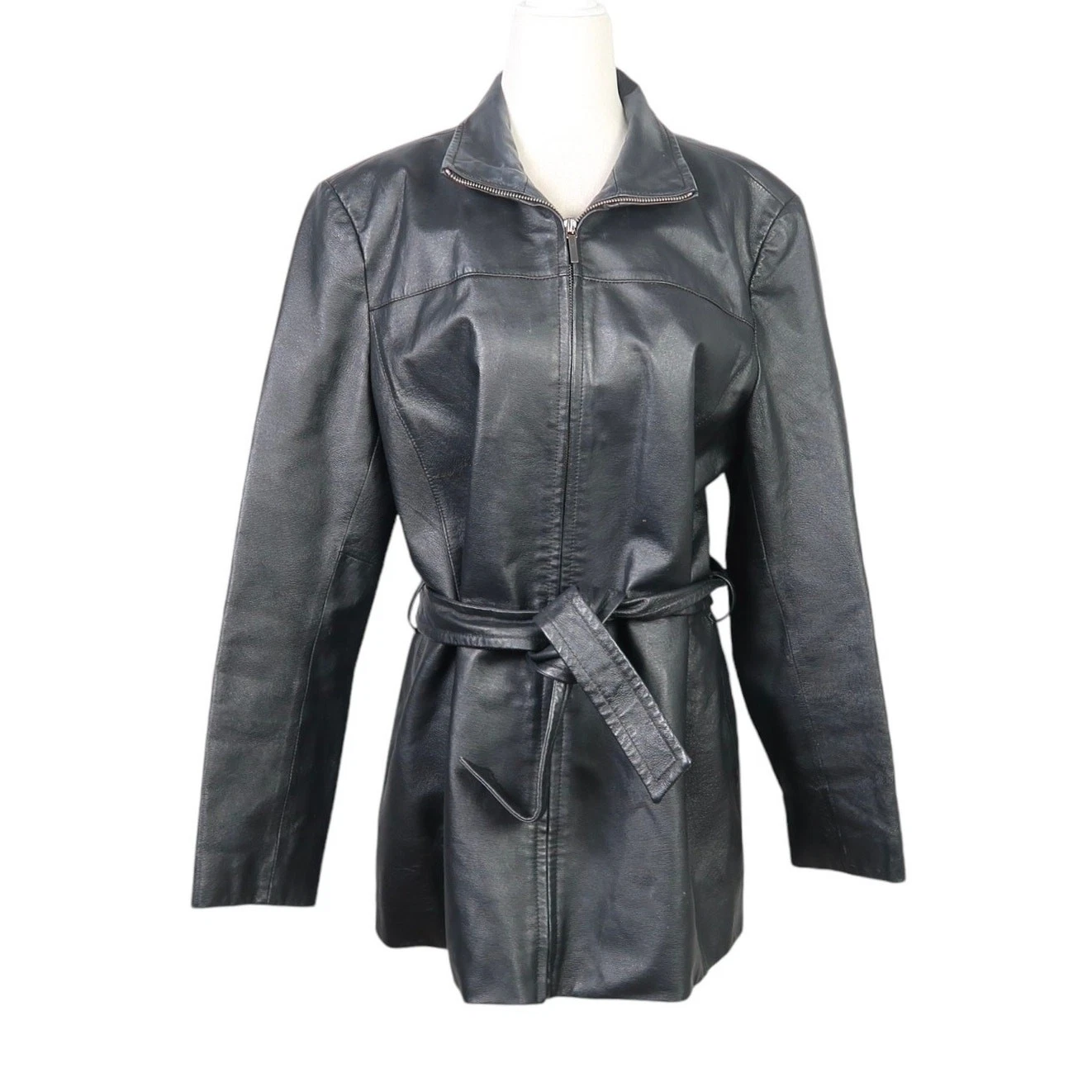 Vintage Y2K Worthington black leather zip front belted jacket L