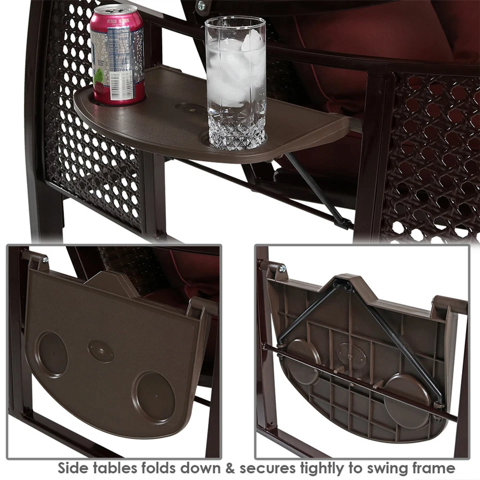 Banco columpio de acero para patio para 3 personas con mesas auxiliares/dosel - granate de Sunnydaze Foto 4 de 4