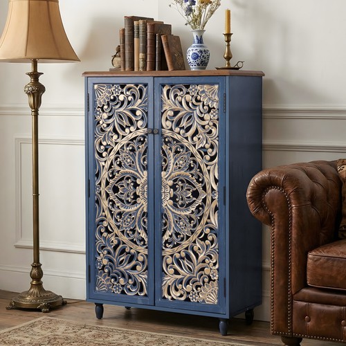 47" Vintage Accent Cabinet with 3D Carved Hollow Pine Doors Adjustable Shelves - Image 1