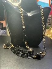 Vintage Liz Claiborne Black Chain Link Necklace Brushed Gold Tone, 35"