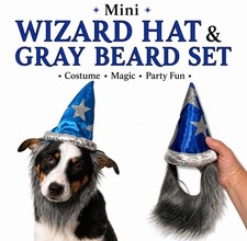 Mini WIZARD HAT  GREY BEARD SET Funny Pet Dog Costume Magician Blue Merlin Cap