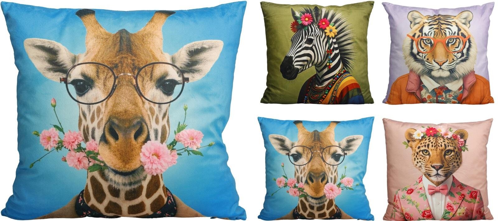 Set of 4 Animal Print Cushions 45 x 45cm Filled Giraffe Zebra Tiger Leopard