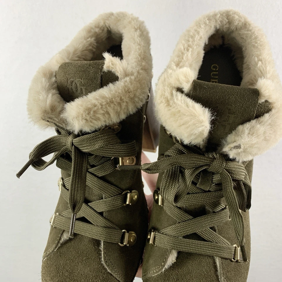 Zueco Guess Mujer Gamuza Sherling Tacón Con Cordones EE. UU. 10 Oliva Grueso Tachonado Foto 4 de 4