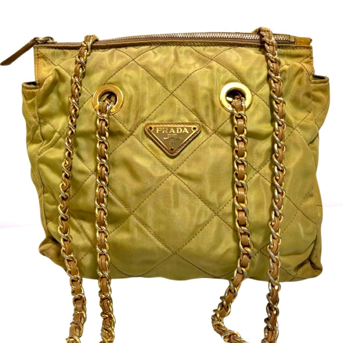 PRADA Quilted Nylon Chain Shoulder Bag Khaki Gold Beige USED from Japan #SA thumbnail 2