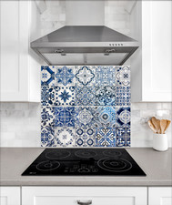 Geometric and floral azulejo tile mosaic pattern glass kitchen splashback