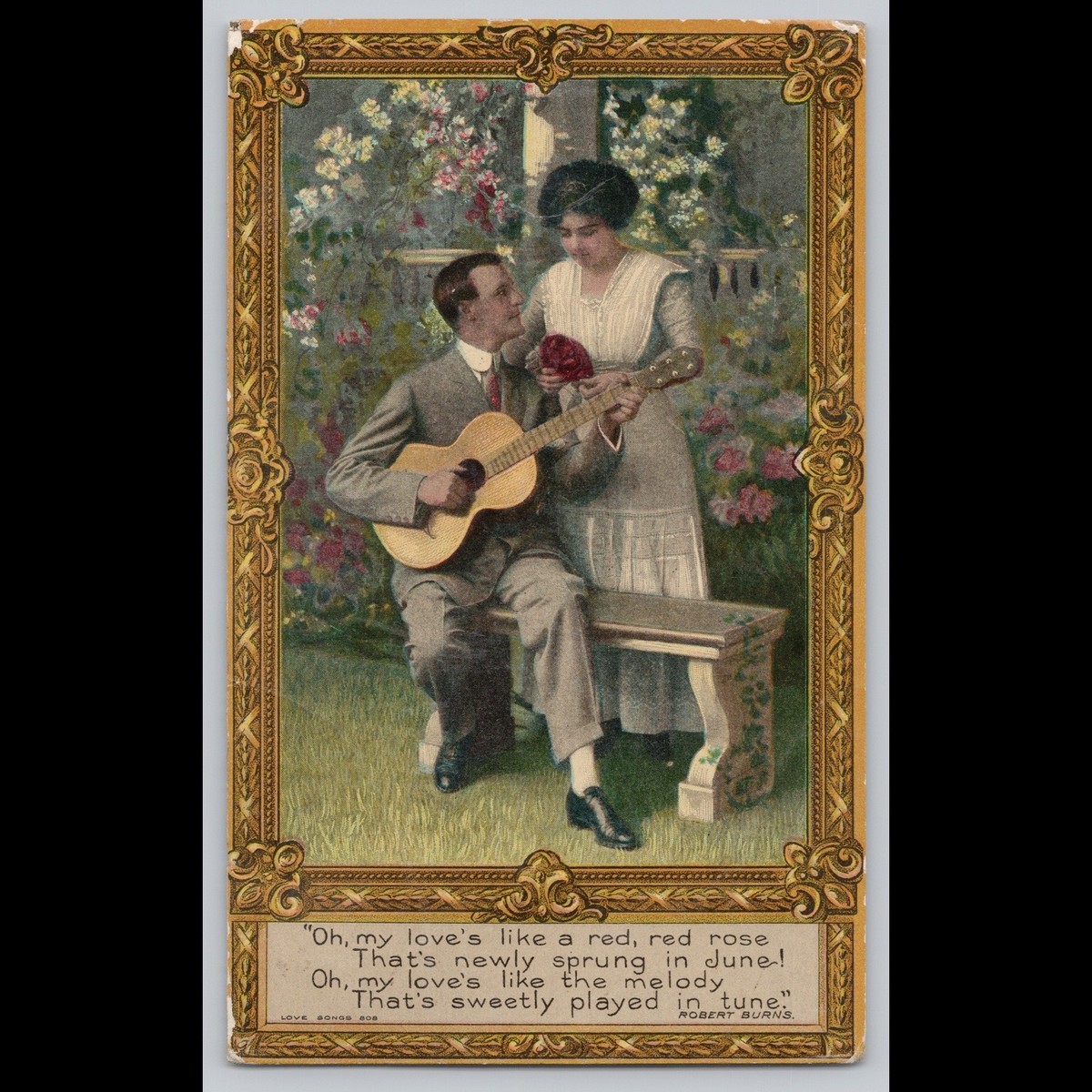 黄昏の美男 美女 ANTIQUE POSTCARD COLLECTION Postcard Romantic Couple with Guitar in Garden Scene 1913 | eBay