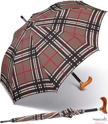 HAPPY RAIN SELECTION Regenschirm Stützschirm Fritzgriff Holz Automatik stabil windfest - checks brown