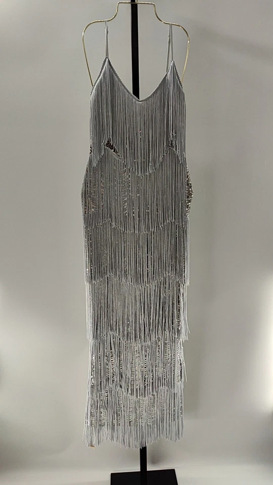 Maxi Vestido Lulus Mujer Get In The Groove Plateado Lentejuelas Flecos Bodycon X-Pequeño Foto 2 de 3