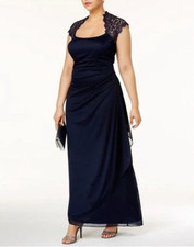 XSCAPE Navy Metallic Lace Evening Gown Dress Womens 14W Mother of Bride Formal