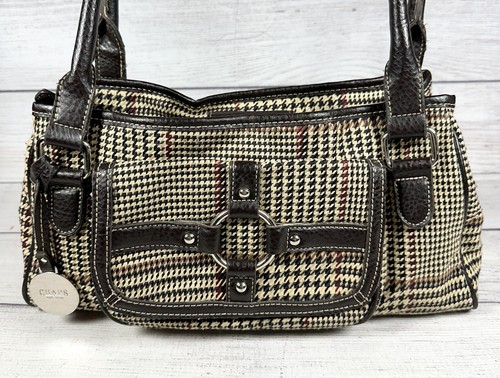 Chaps Handbag Brown Plaid Houndstooth Vintage Purse Accent Magnetic w/ Zipper - Picture 2 of 24
