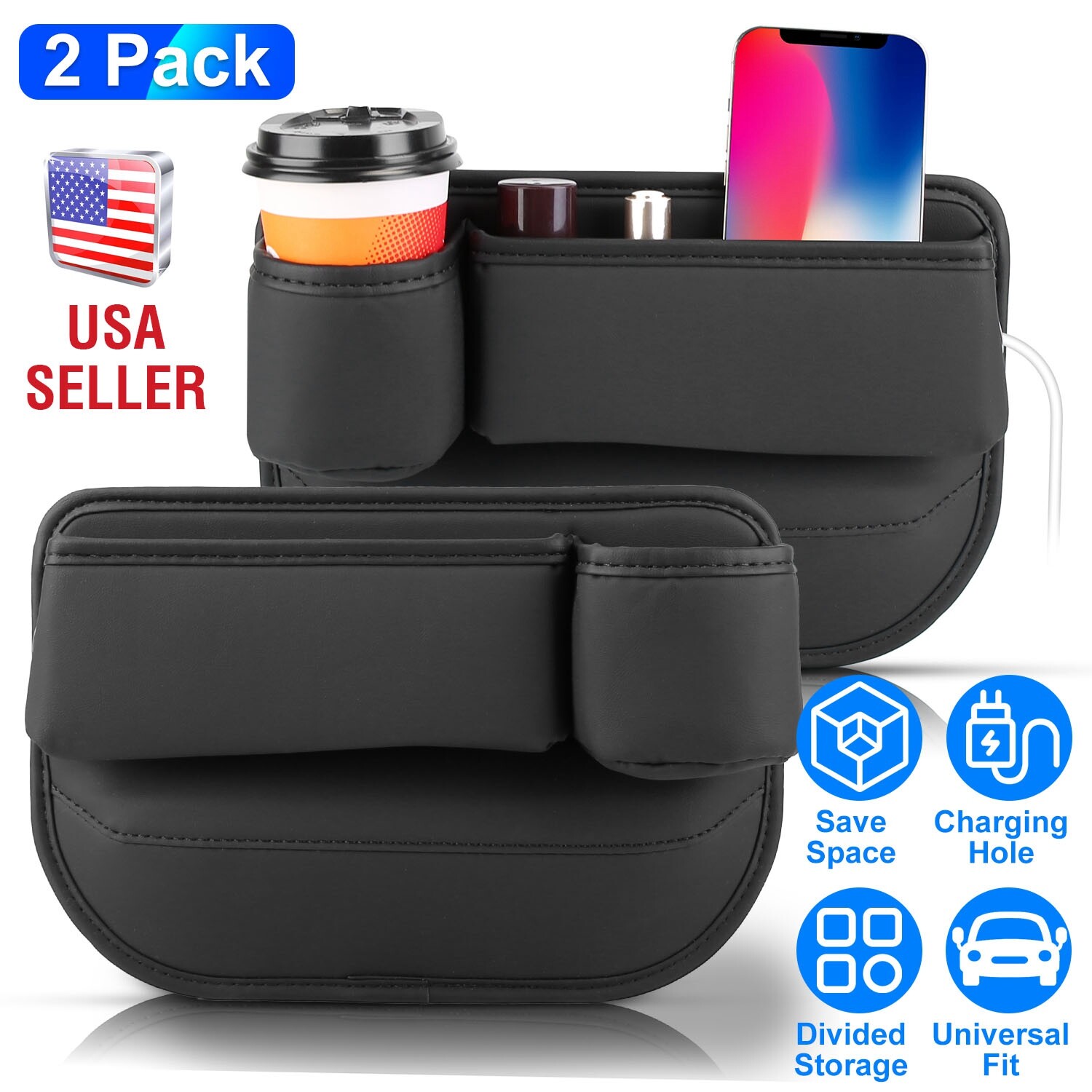 2pcs Universal Car Seat Gap Organizer with Cup Holder & Leather Storage Box