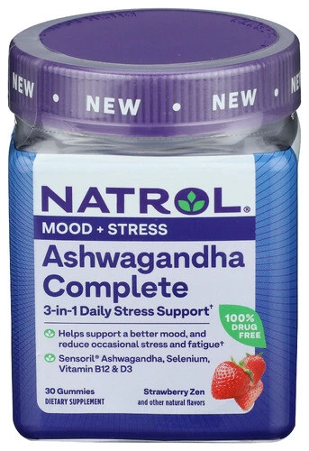 Gomitas Natrol Ashwagandha completas 3 en 1 de apoyo diario al estrés 30 unidades limitadas Foto 2 de 4