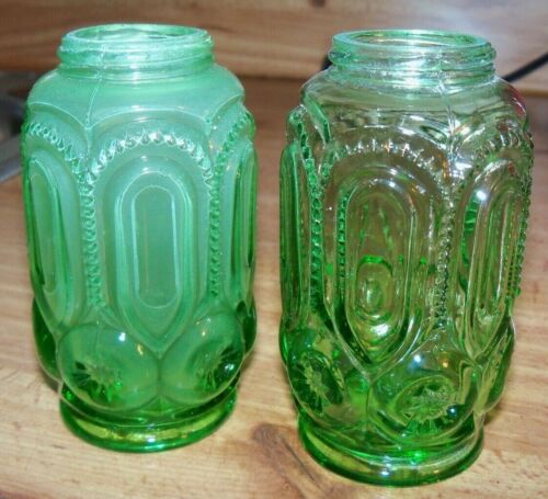 GREEN GLASS MOON AND STAR SALT & PEPPER SHAKERS