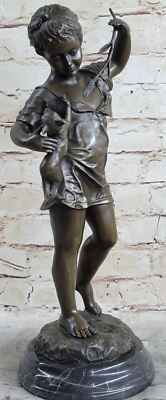Laporte Bronze Statue Girl with Cat Hand Made Sculpture Marble Base Figurine
