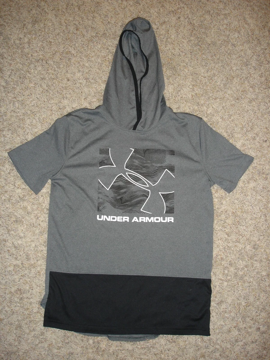 Under Armour YXL youth XL dri fit hooded t shirt heatgear loose gray black