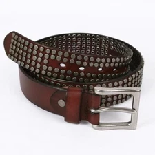 Real Leather Waist Belt Heavy Metal Silver Rivet Studded Unisex Punk Waistband