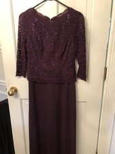 Alex Evenings Sequined Lace Deep Plum Crewneck 3/4 Sleeve Chiffon Gown 6P NIB