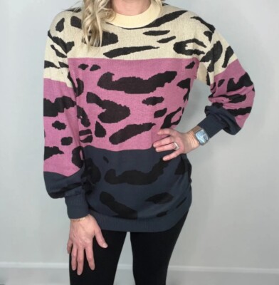 Heimish USA Curvy Blocked Animal Sweater Rounded Neck Large Cream,Pink, Navy