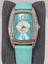 Blue Dial Crystal Accent Rectangle Silver Tone Case Blue Leather Band Watch