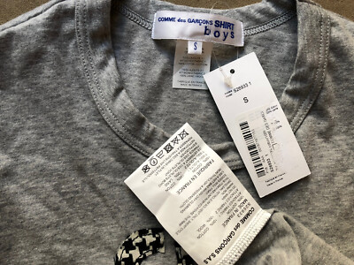 COMME DES GARCONS BOYS GRAY MULTI PLAID PATCH LOGO SHORT SLEEVE T