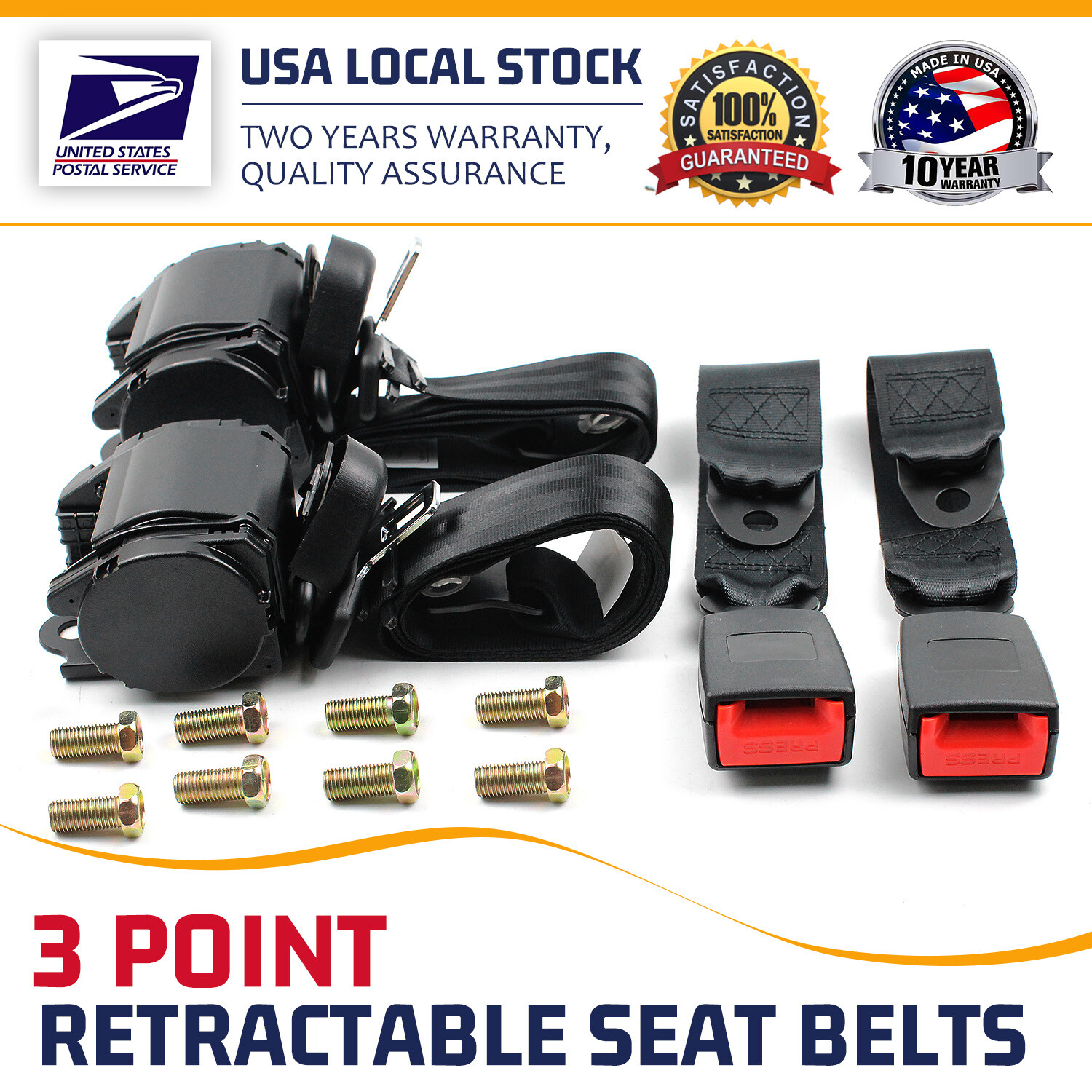 2x Retractable 3 Point Safety Seat Belt Straps Car Vehicle Adjustable Belt Kit