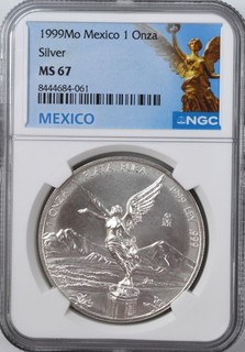 1999 MO MEXICO 1 ONZA LIBERTAD SILVER COIN NGC MS67 1 OZ .999 FINE SILVER